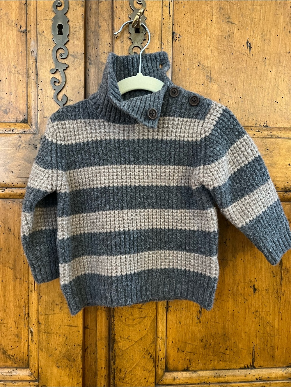 Zara Striped Button-Neck Sweater - Gray & Cream striped 9-12M
